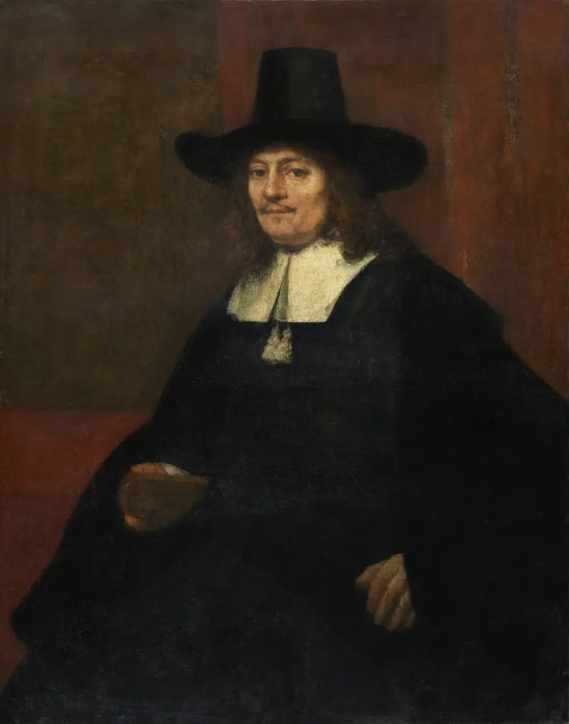 Porträtt av en man i hög hatt av Rembrandt van Rijn