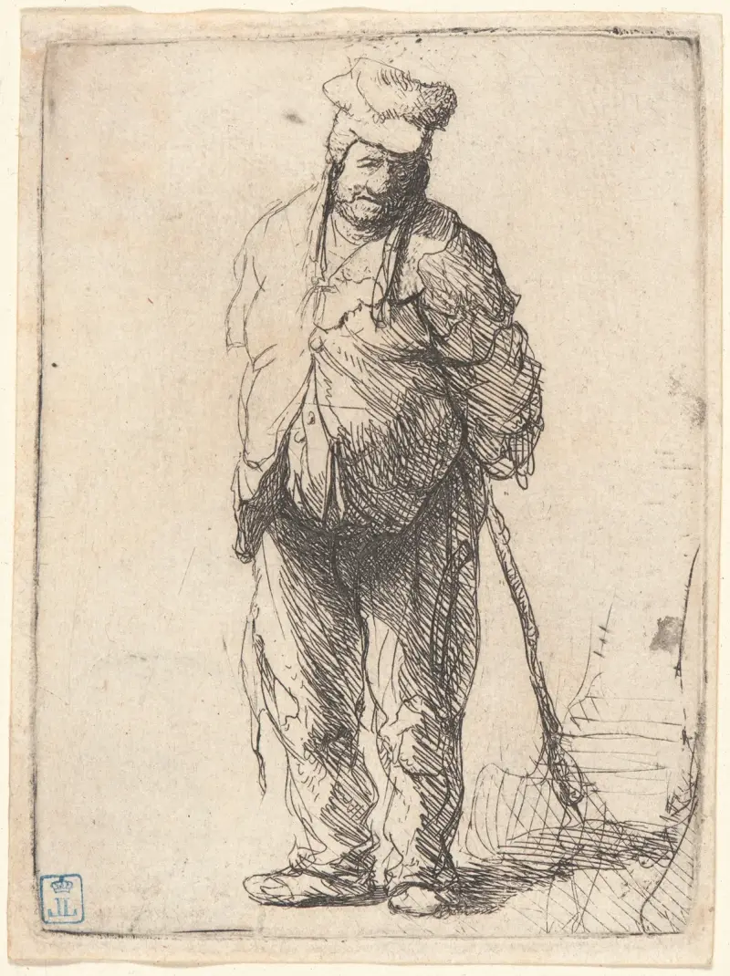 Trasig bonde med händerna på ryggen, hållande en käpp av Rembrandt van Rijn