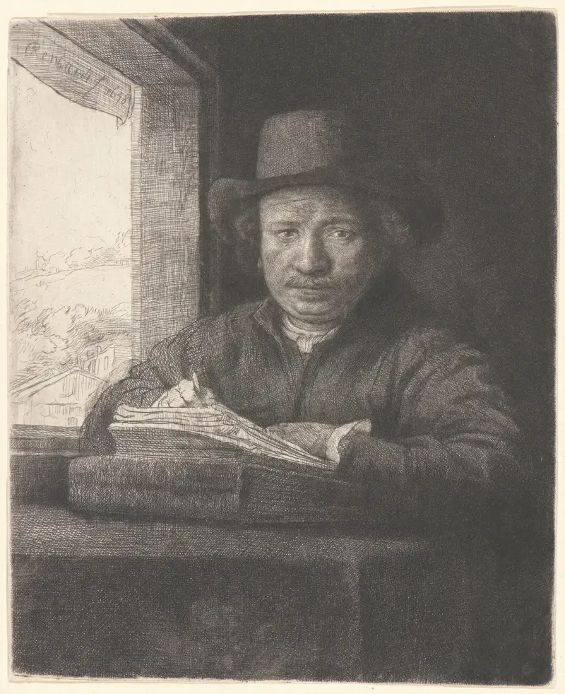 Rembrandt Drawing at a Window av Rembrandt van Rijn