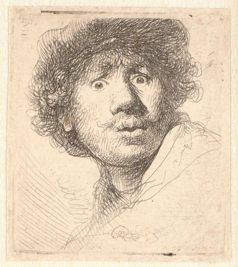 Rembrandt med mössa, öppen mun och stirrande blick; bröstbild i kontur av Rembrandt van Rijn