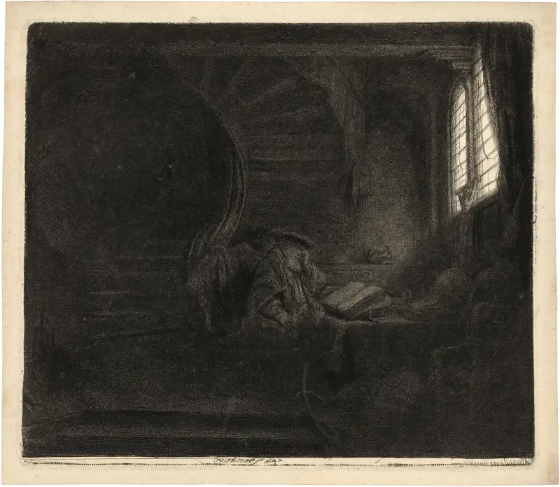 Der heilige Hieronymus in einem dunklen Raum von Rembrandt van Rijn