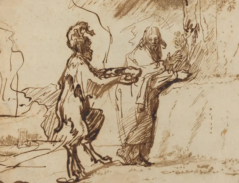 Satan frestar Kristus att förvandla stenar till bröd av Rembrandt van Rijn