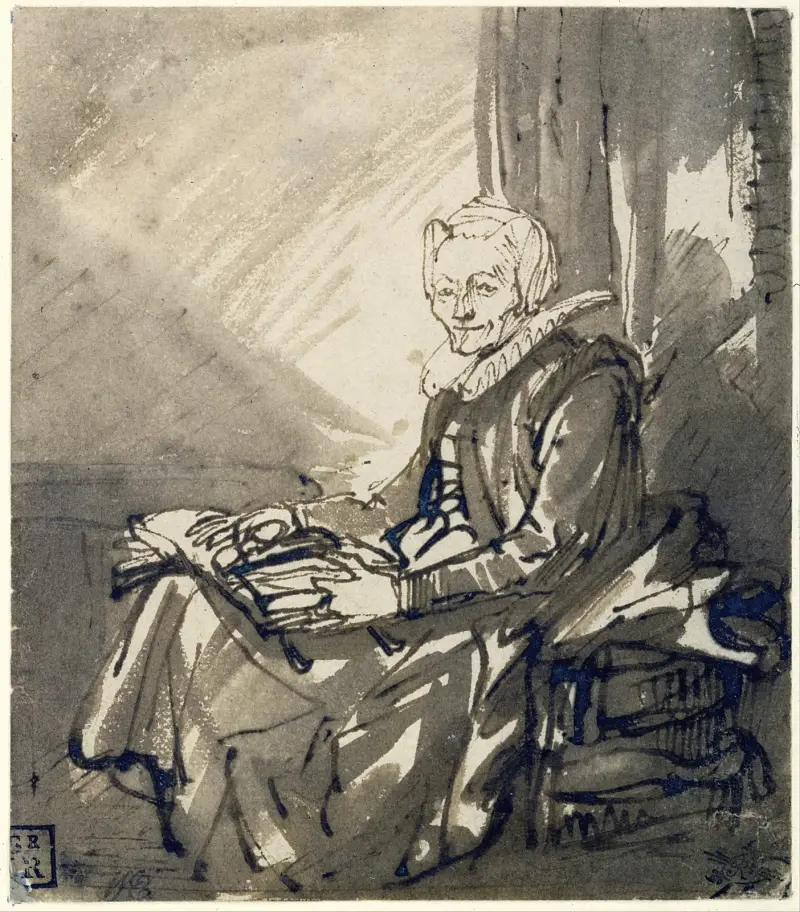 Sittande kvinna med en öppen bok i knät av Rembrandt van Rijn