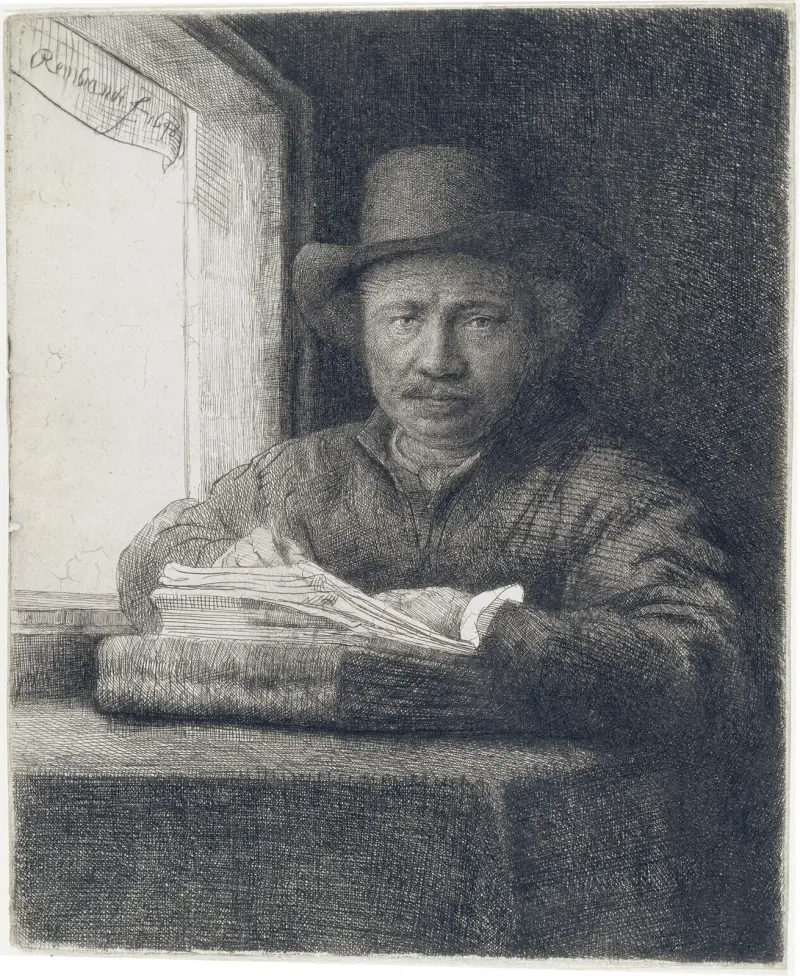 Autoportret, akwaforta przy oknie, Rembrandt van Rijn