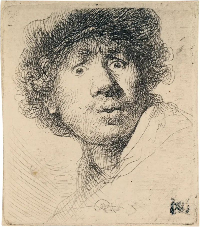 Self-Portrait in a Cap, wide-eyed and open-mouthed, 1630 – nr 2 av Rembrandt van Rijn