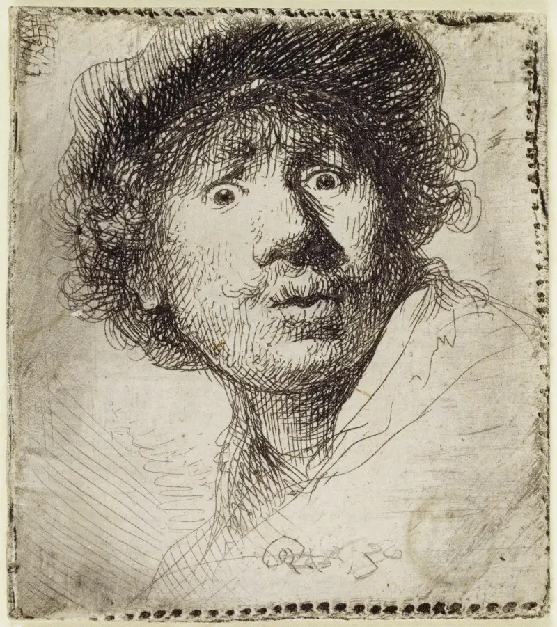 Självporträtt med mössa, uppspärrade ögon och öppen mun, 1630 – nr 1 av Rembrandt van Rijn