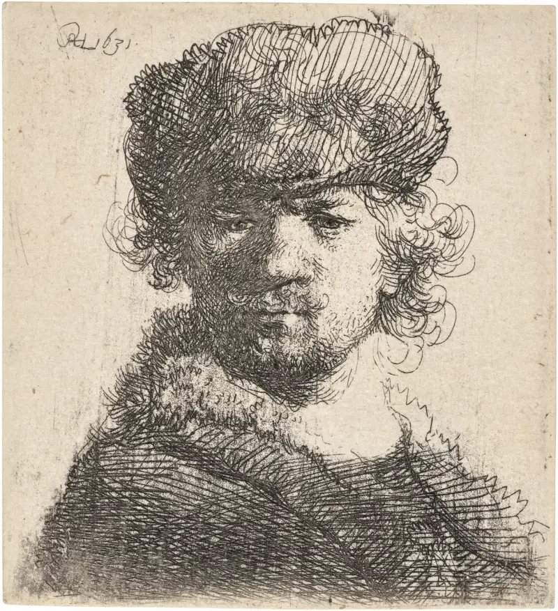 Self-Portrait in a heavy Fur Cap: Bust av Rembrandt van Rijn
