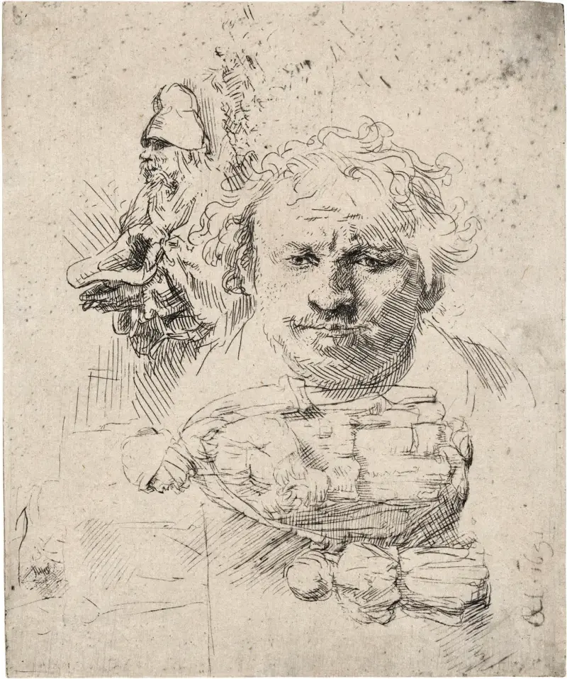 Ark med studier av konstnärens huvud, en tiggare, kvinna och barn av Rembrandt van Rijn