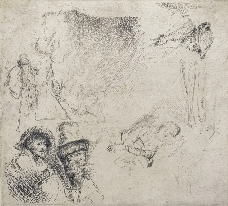 Sheet of Studies (with a woman lying ill in bed) av Rembrandt van Rijn