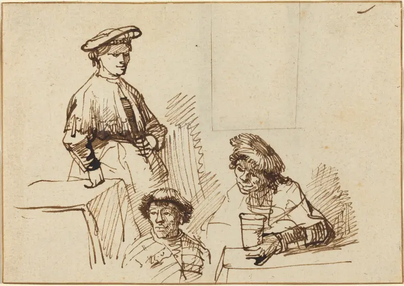 Skisser från en krog – stående kvinna och två sittande män av Rembrandt van Rijn