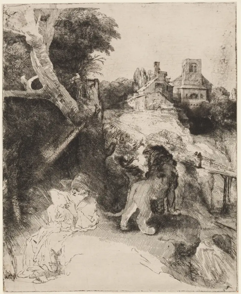 Sankt Hieronymus i ett italienskt landskap av Rembrandt van Rijn