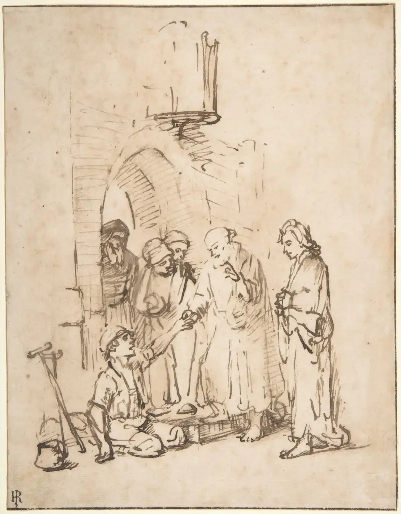 Sankt Petrus och Sankt Johannes botar den lame av Rembrandt van Rijn