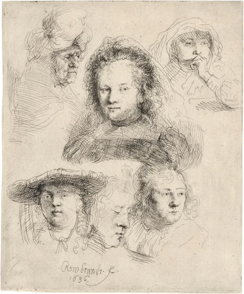 Studier av Saskias huvud och andra av Rembrandt van Rijn
