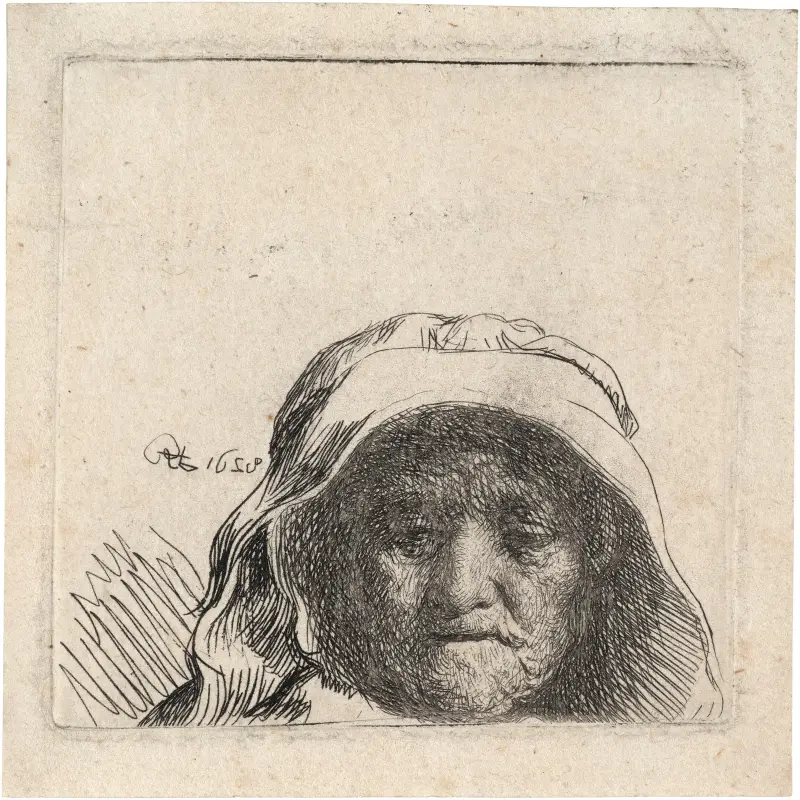 Konstnärens mor: endast huvud, framifrån av Rembrandt van Rijn
