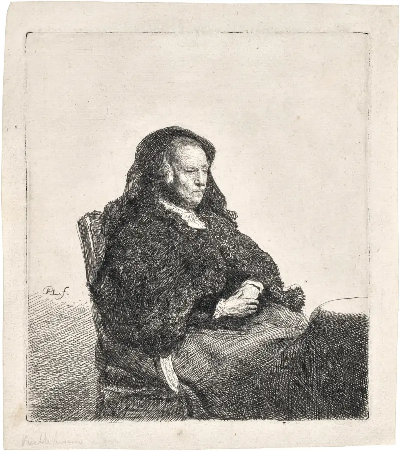 Die Mutter des Künstlers an einem Tisch sitzend, nach rechts blickend von Rembrandt van Rijn