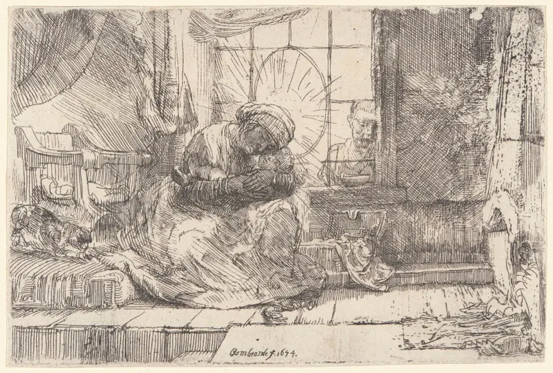Jungfrun och barnet med katt och orm av Rembrandt van Rijn