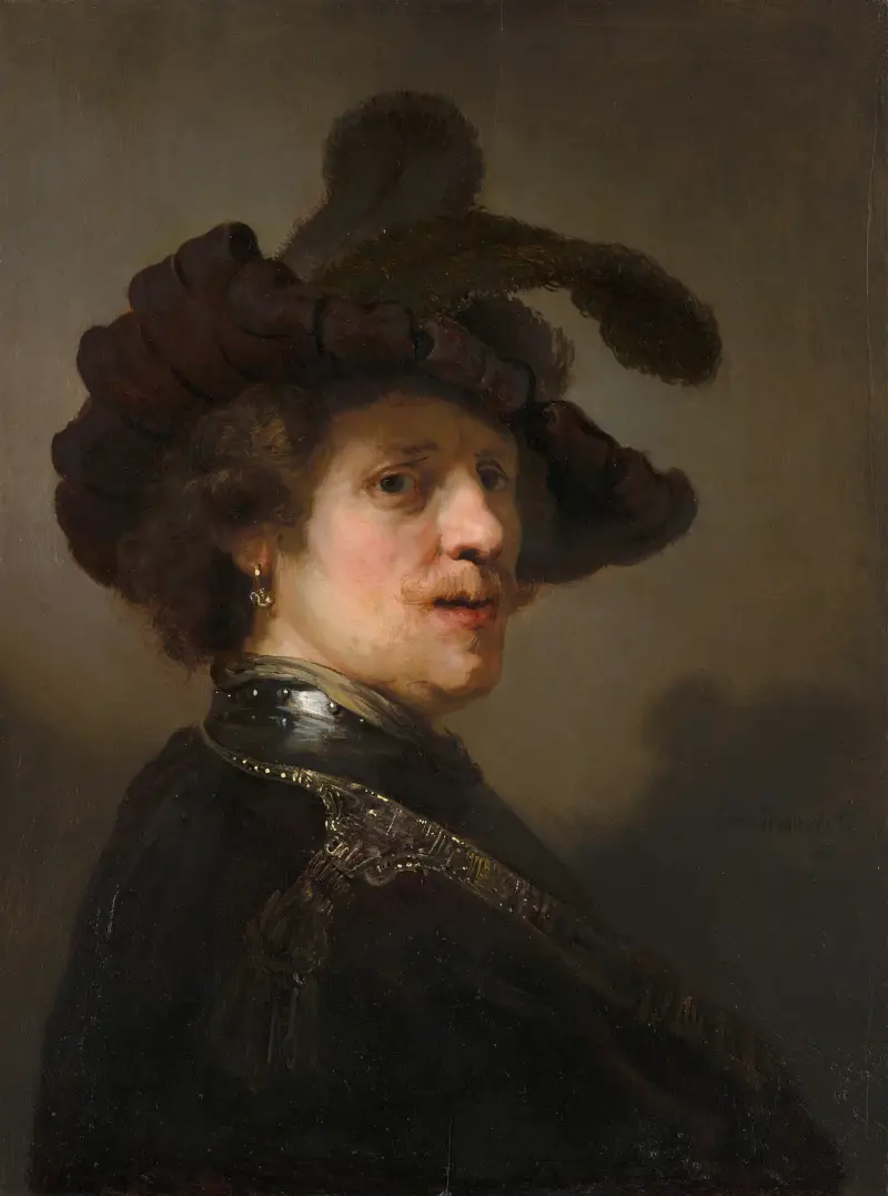 Tronie av en man med fjäderhatt av Rembrandt van Rijn