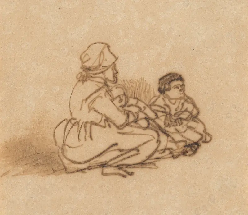 Woman Seated on the Ground with Two Children av Rembrandt van Rijn