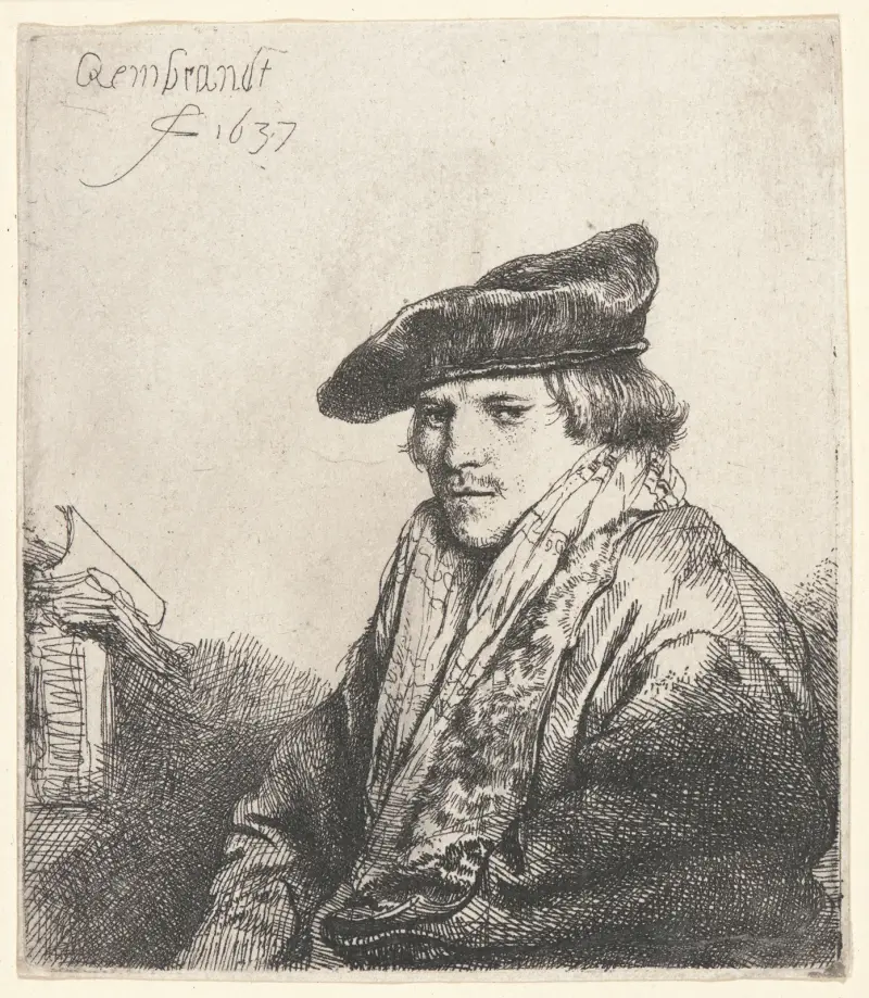 Ung man med sammetsmössa och böcker bredvid sig av Rembrandt van Rijn