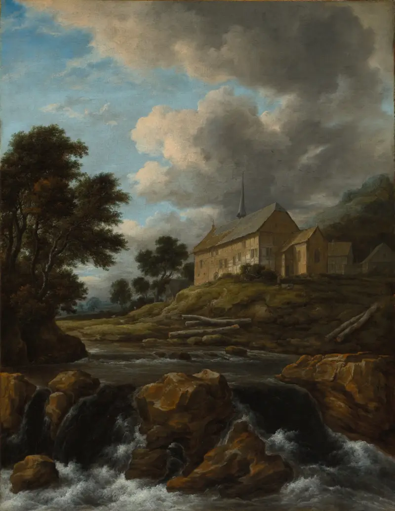 Landskap med kyrka vid en fors av Jacob van Ruisdael