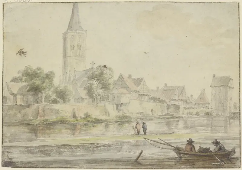 Stad vid vatten med kyrka, torn till höger, båt med två personer i förgrunden av Jacob van Ruisdael