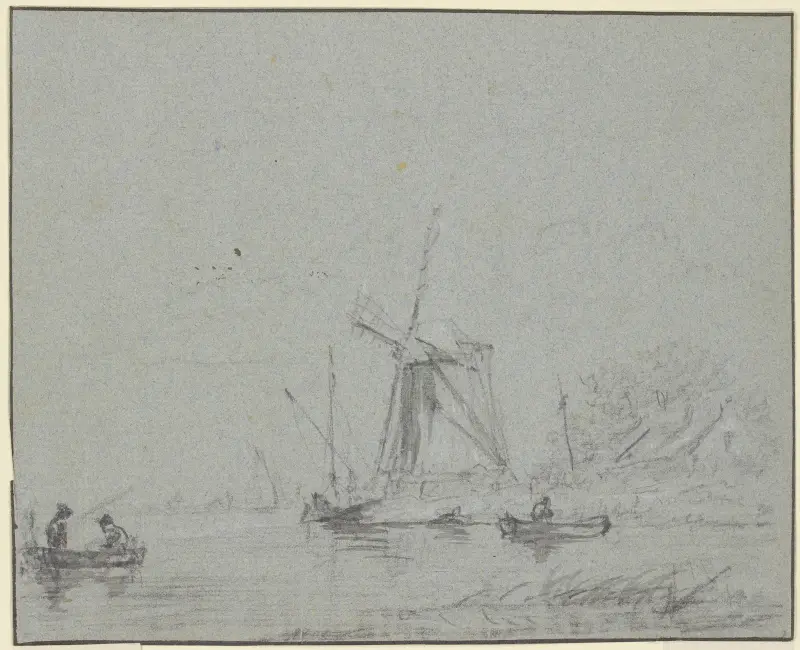 Väderkvarn vid vatten, två båtar i förgrunden av Jacob van Ruisdael