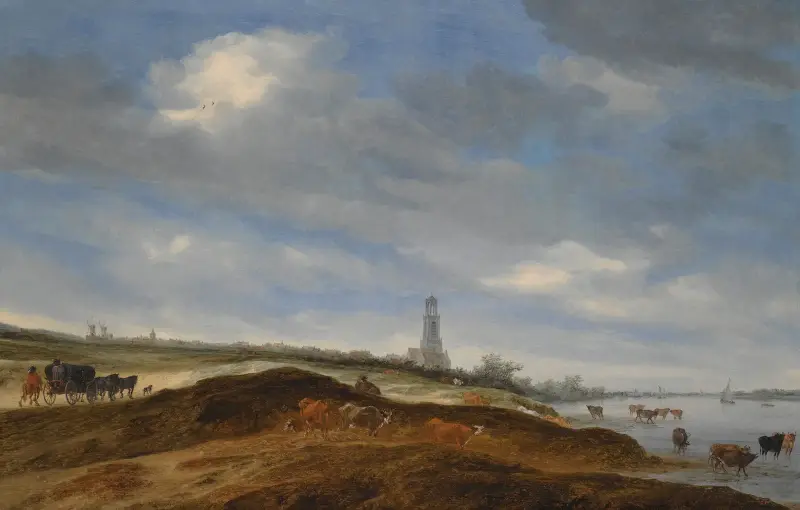 Panoramavy över Rhenen från Rhens strand väster om staden av Salomon van Ruysdael
