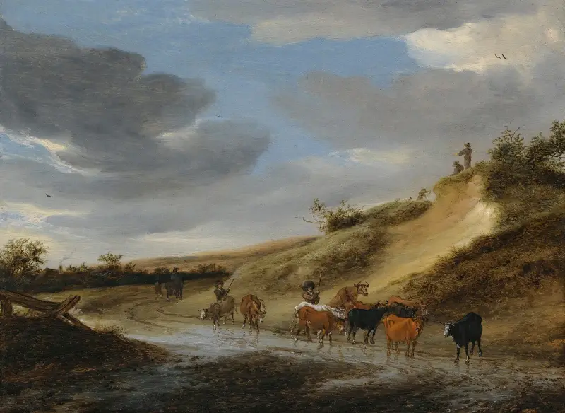 An Extensive Landscape With Cattle And Their Herdsmen Following A Partly Flooded Country Road av Salomon van Ruysdael