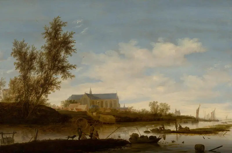 Flodlandskap med fiskare i förgrunden, Laurenskerk i Alkmaar bortom av Salomon van Ruysdael