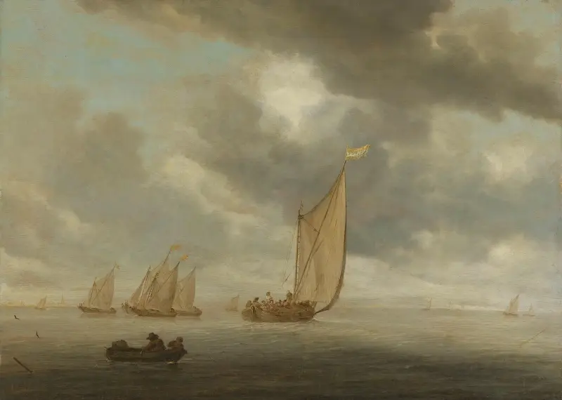 Sailing vessels on a inland body of water av Salomon van Ruysdael