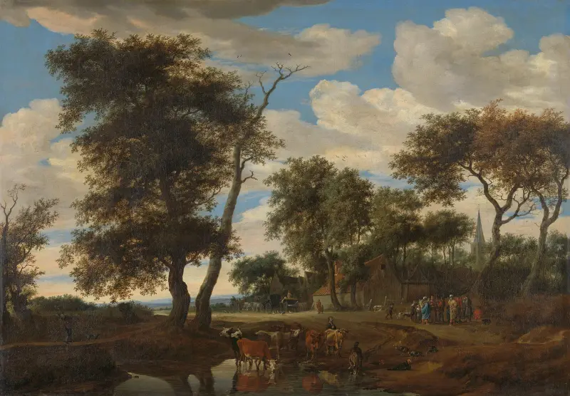 Vy över en by av Salomon van Ruysdael