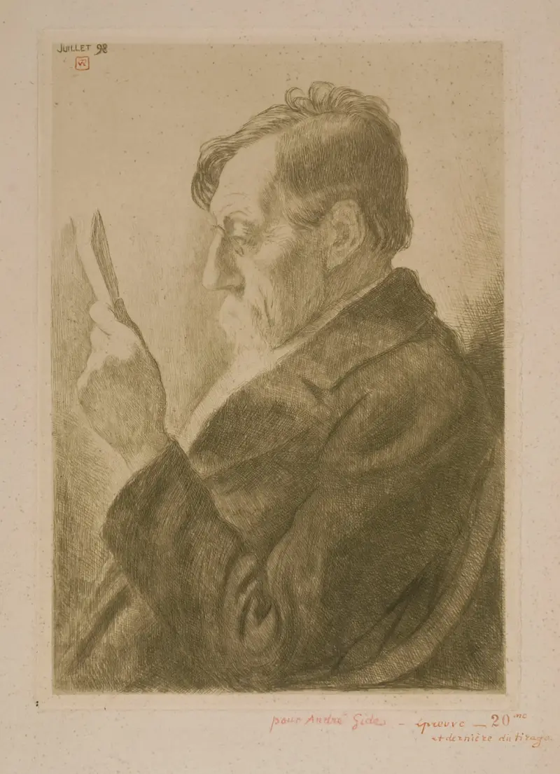 Porträtt av författaren Emile Verhaeren, läsande av Theo van Rysselberghe