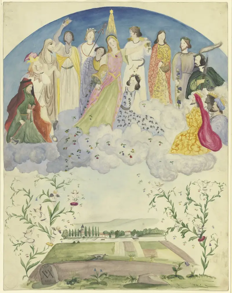 Flora som strör och häller blommor över ett landskap, omgiven av dionysiska, bibliska och historiska gestalter av Victor Müller