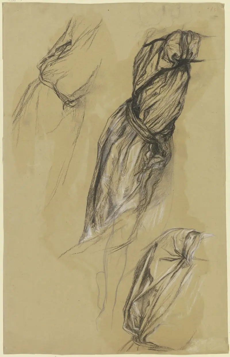 Drei Gewandstudien einer nach rechts gewandten Frauenfigur von Victor Müller