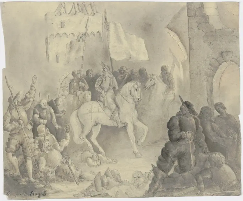 Ein bärtiger Herrscher mit Gefolge reitet nächtens auf eine ruinöse Burg zu von Victor Müller