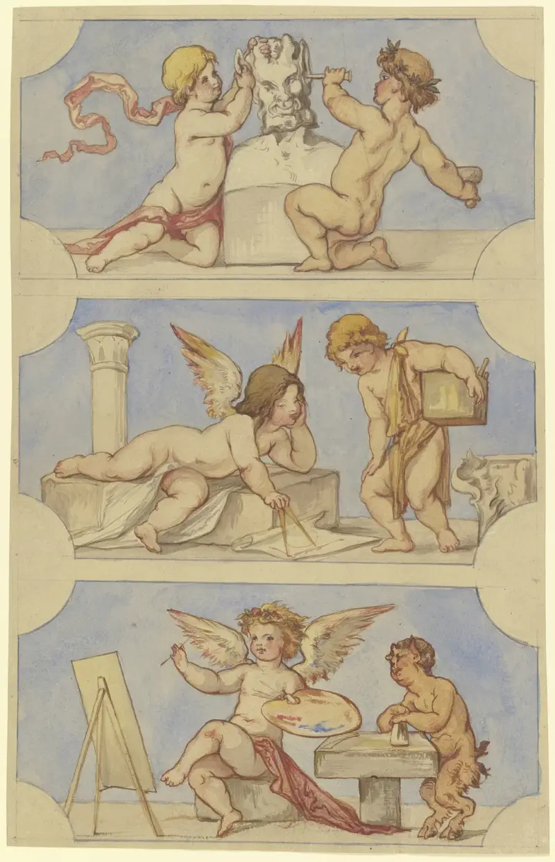 Von Putten verkörperte Allegorien der Bildhauerei, der Architektur und der Malerei von Victor Müller