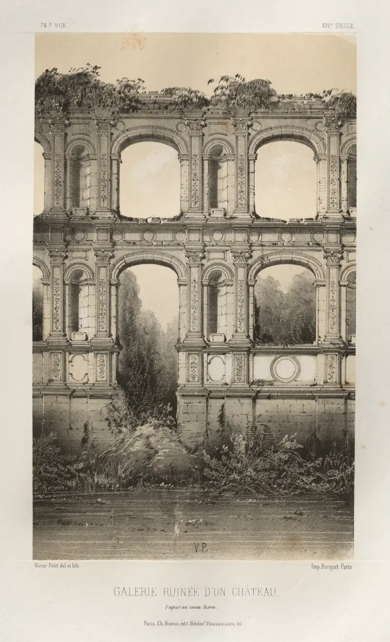 Ruinierte Galerie eines Schlosses, nach einer alten Zeichnung von Victor Petit