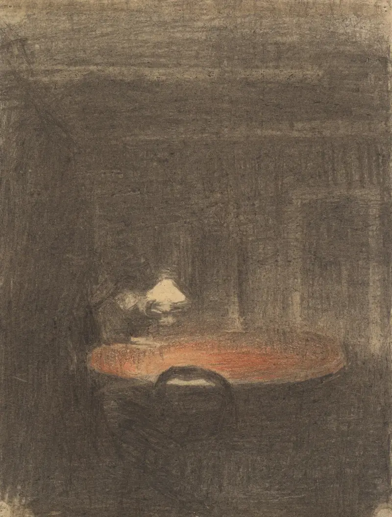 Läsande figur vid ett bord i en interiör om natten av Vilhelm Hammershøi
