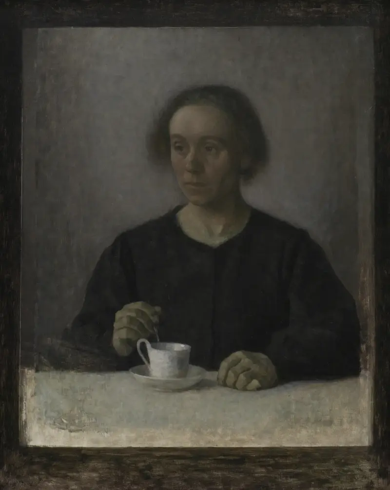Ida Hammershøi, die Frau des Künstlers, mit einer Teetasse von Vilhelm Hammershøi