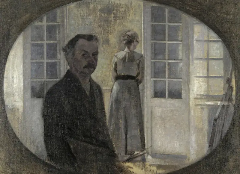 Interiör med konstnären och hans hustru av Vilhelm Hammershøi