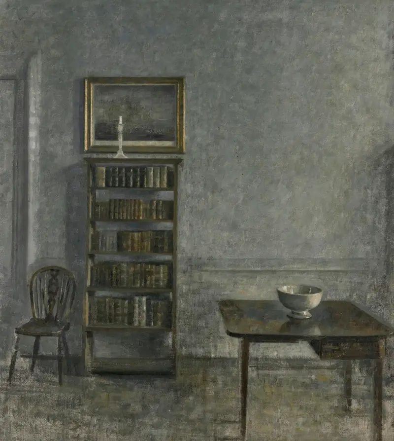 Interiör med bord, bokhylla och Windsorstol, 25 Strandgade av Vilhelm Hammershøi
