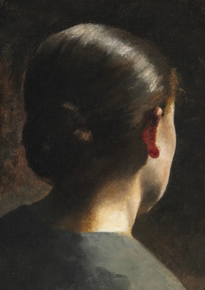 Porträtt av konstnärens syster Anna Hammershøi sedd bakifrån av Vilhelm Hammershøi