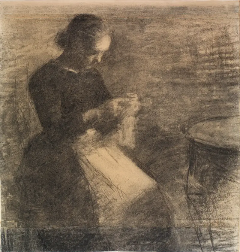 Porträtt av Ida Hammershøi med handarbete av Vilhelm Hammershøi