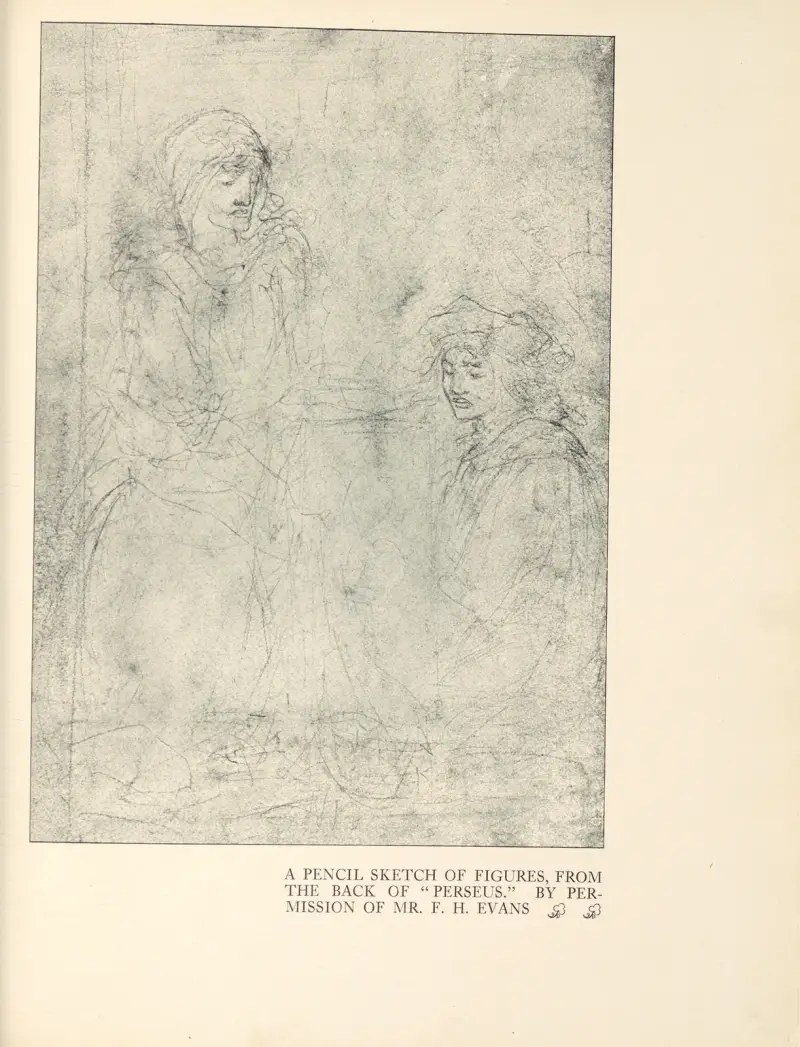 Blyertsskiss av figurer. Från baksidan av 'Perseus' av Aubrey Vincent Beardsley