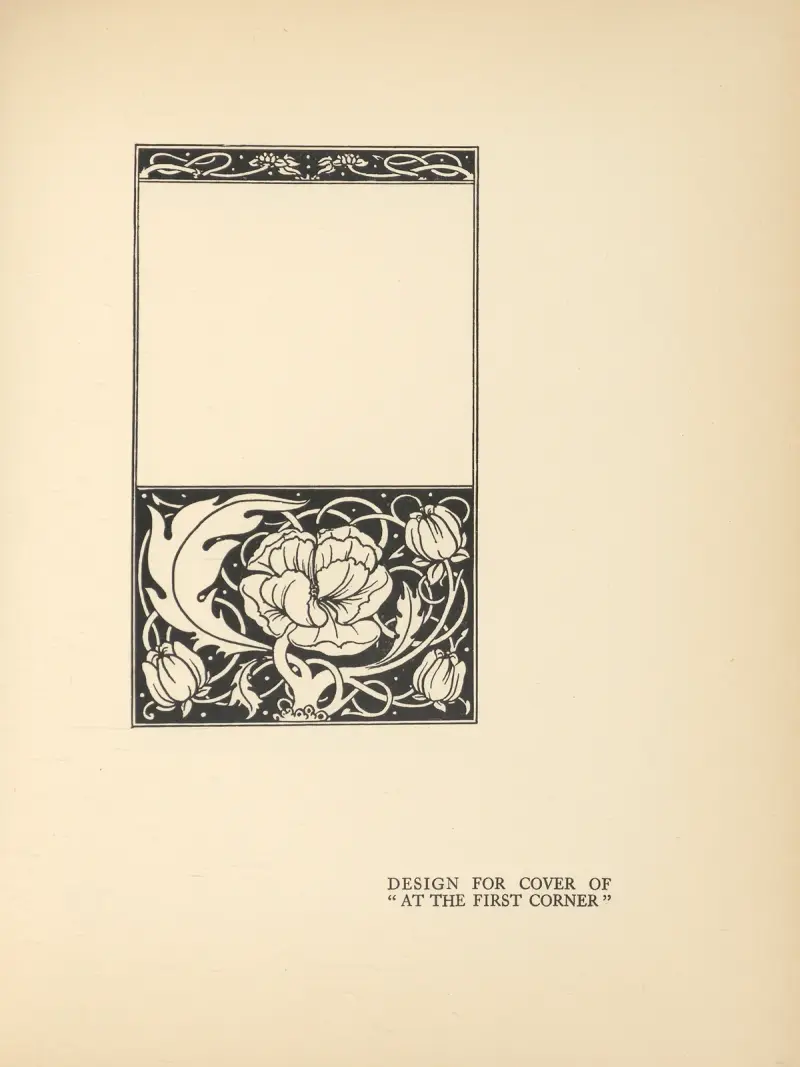 Omslagsdesign för ”At The First Corner” av Aubrey Vincent Beardsley