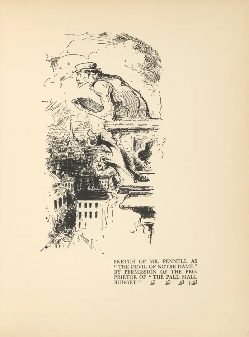 Skiss av Mr. Pennell som 'Notre-Dames djävul' av Aubrey Vincent Beardsley