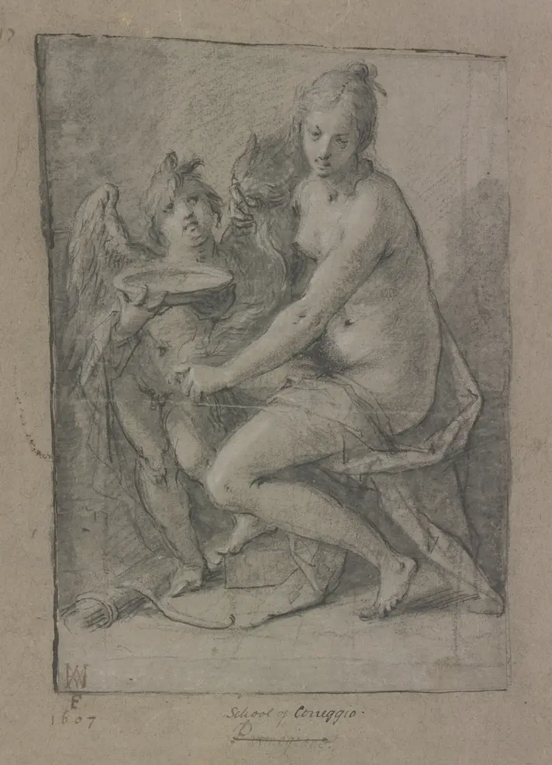 Sitzende Venus und stehender Amor mit Schale av Hans von Aachen