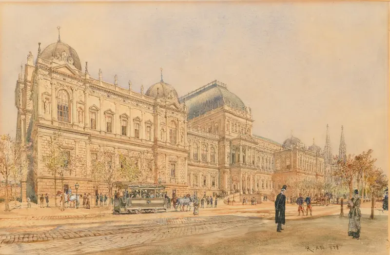 Wiens universitet på Ringstrasse, med hästspårvagn och figurer, 1873 av Rudolf von Alt