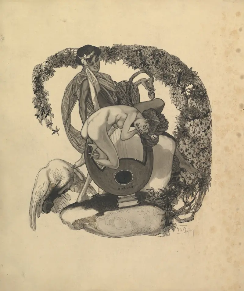 Skiss till exlibris; Leda och svanen av Franz von Bayros