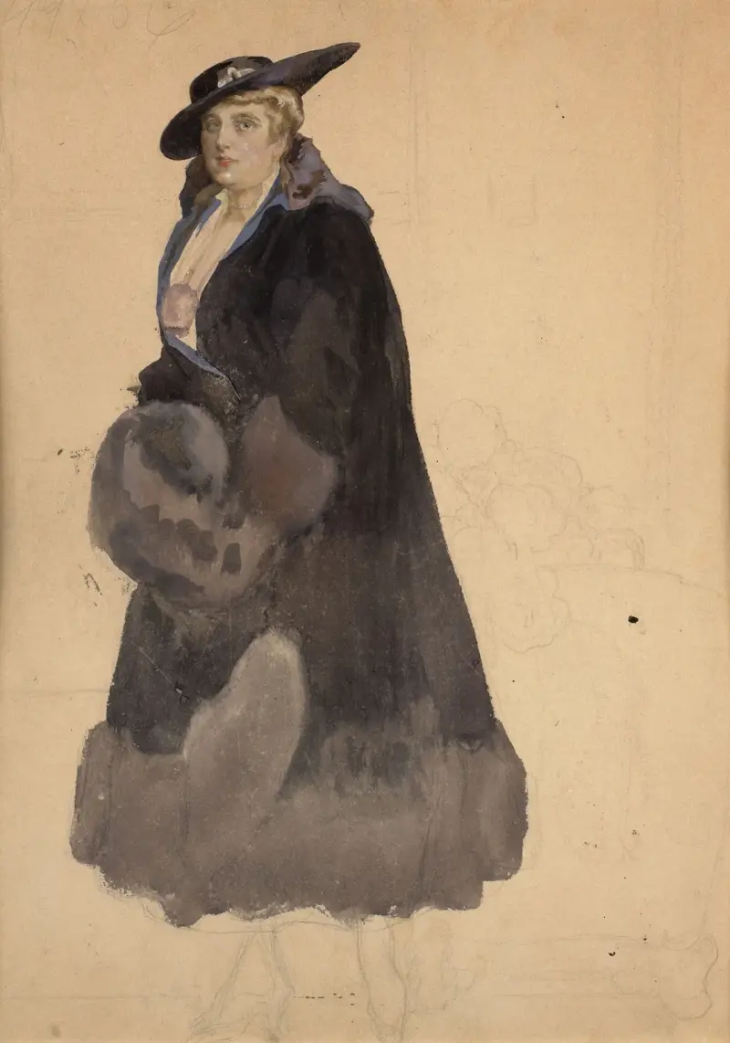 Studie av en elegant kvinna i svart kappa av Franz von Bayros